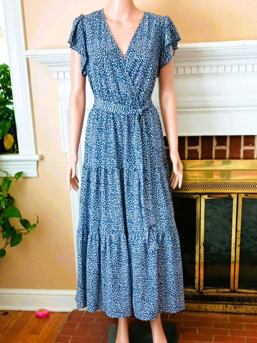 PrettyGarden Women's Floral Maxi Dress S Blue Ruffle with Short Flutter Sleeves